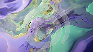 The close up of a glossy liquid surface abstract in lavender, mint green, and olive green colors with a soft focus