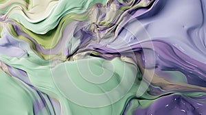 The close up of a glossy liquid surface abstract in lavender, mint green, and olive green colors with a soft focus