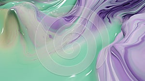 The close up of a glossy liquid surface abstract in lavender, mint green, and olive green colors with a soft focus