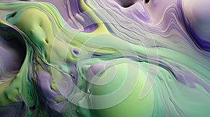 The close up of a glossy liquid surface abstract in lavender, mint green, and olive green colors with a soft focus