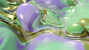 The close up of a glossy liquid surface abstract in lavender, mint green, and olive green colors with a soft focus