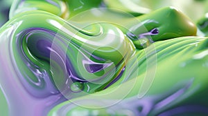 The close up of a glossy liquid surface abstract in lavender, mint green, and olive green colors with a soft focus