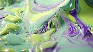 The close up of a glossy liquid surface abstract in lavender, mint green, and olive green colors with a soft focus