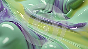 The close up of a glossy liquid surface abstract in lavender, mint green, and olive green colors with a soft focus