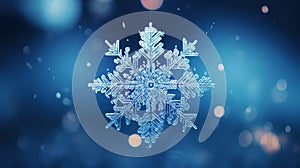 Close up of a glossy snowflake, macro photo of snow crystals on blue background. Generative AI