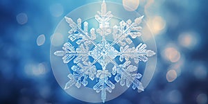 Close up of a glossy snowflake, macro photo of snow crystals on blue background. Generative AI