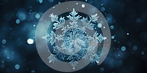 Close up of a glossy snowflake, macro photo of snow crystals on blue background. Generative AI