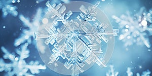 Close up of a glossy snowflake, macro photo of snow crystals on blue background. Generative AI