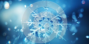 Close up of a glossy snowflake, macro photo of snow crystals on blue background. Generative AI