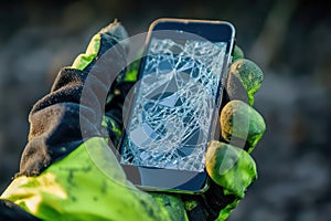 Close-up of gloved hand holding broken smartphone photo