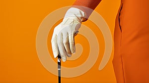 Close up of gloved hand holding golf club one color background