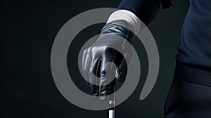 Close up of gloved hand holding golf club one color background