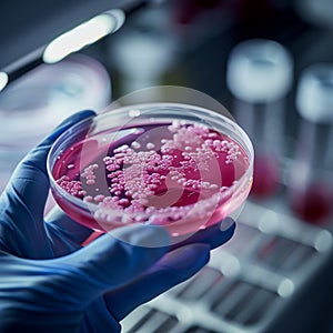 Close up of gloved hand holding petri dish with bacterial culture