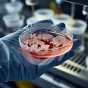 Close up of gloved hand holding petri dish with bacterial culture