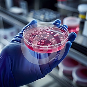 Close up of gloved hand holding petri dish with bacterial culture