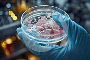 Close up of gloved hand holding petri dish with bacterial culture