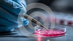 Close-up of gloved hand holding precision tool over petri dish with red liquid medium in sterile laboratory setting