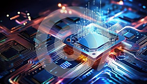 close up of glowing AI processor on motherboard, with binary code streaming outward, showcasing advanced technology and innovation