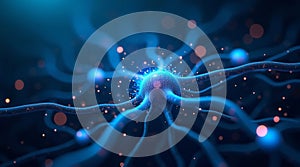 Close up of glowing artificial neural network with illuminated synapses, symbolizing AI, brain activity, digital data processing