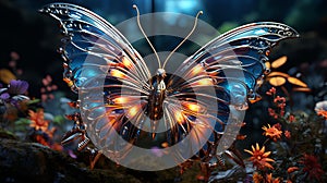 Close up of a glowing blue butterfly flying over a colorfull flower. Generative AI