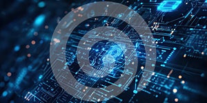 A Close-up of a Glowing Blue Circuit Board with a Central Processing Unit