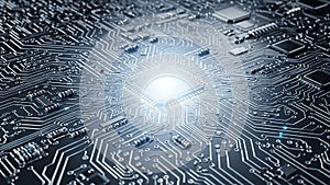Close-up of a Glowing Central Processor Chip on a Complex Circuit Board with Blue Light computer chip