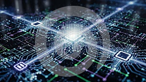 Close-up of a glowing central processor on a complex circuit board abstract bright