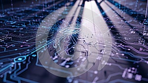 Close-up of a Glowing Central Processor on a Complex Digital Circuit Board abstract