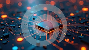 Close up of glowing circuit board with central processor. Digital network pathways, data flow, and electronic components