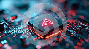 Close-up of a glowing circuit board with a central processor.