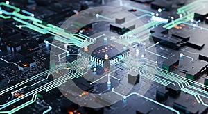 Close-up of glowing circuit board pathways and central processor, technological concept