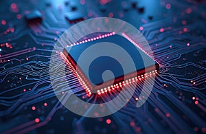 Close up of glowing computer chip on circuit board. Digital data flow, electronic network connections, cyber security abstract