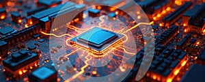 Close up of glowing computer circuit board with central processor. Digital electronic components and pathways emit orange light.