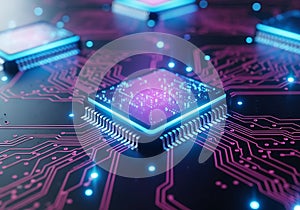 Close up of glowing computer microchip on circuit board