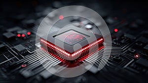 Close-up of a glowing computer processor on a circuit board.