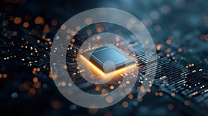 Close-up of a glowing computer processor on a circuit board.