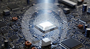 Close-up of a glowing computer processor on a circuit board, symbolizing innovation and technology