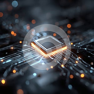 Close up of glowing cpu chip on computer circuit board