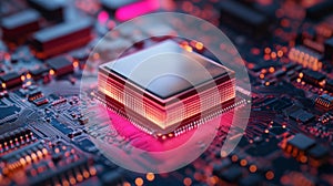 Close-up of a glowing CPU on a motherboard