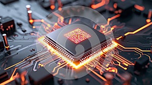 Close-up of a glowing CPU on a motherboard