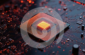 Close-up of glowing CPU processor on dark circuit board, representing high-performance computing, advanced data processing.
