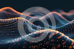 Close-up of glowing digital circuit hologram contour on digital interface. Generative AI. photo