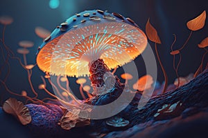 Close-up of glowing fantastic mushroom in mystical mysterious night forest.