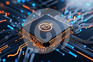 Close-up of a glowing microchip embedded in a circuit board, showcasing modern technology and advanced computing