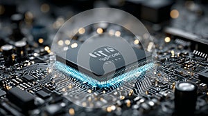 Close-up of a Glowing Microchip on a High-Tech Circuit Board, Symbolizing AI, Data Processing, and Modern Computing Power