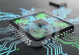 Close-up of a glowing microchip with intricate circuit board pathways