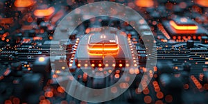 Close-up of a glowing microprocessor on a circuit board