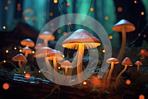 close-up of glowing mushrooms on forest floor