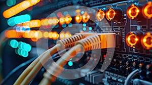 Fiber Optic Cables Connected to a Server Rack with Blinking Lights in Data Center.