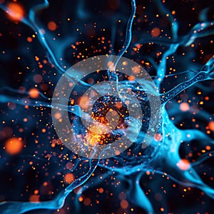 Close-up of a Glowing Neuron Network with Synapses and Neural Activity